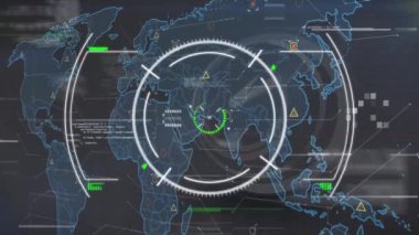 Animation of data processing over scope scanning and world map. Global connections, business, finance, computing and data processing concept digitally generated video.