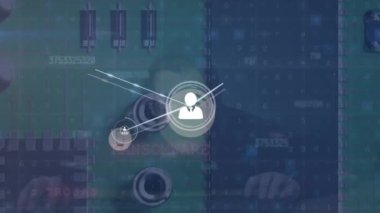 Animation of connected icons, graphs and increasing numbers over electronic circuit board. Digital composite, multiple exposure, report, finance, communication, abstract and technology concept.