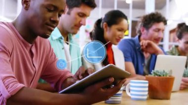 Animation of connections and data processing over diverse business people. Global business, finances, connections, computing and data processing concept digitally generated image.