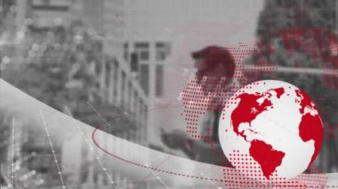 Animation of globes and programming language over caucasian man using cellphone against buildings. Digital composite, multiple exposure, globalization, coding, skyscrapers and technology concept.