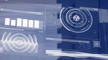 Animation of data processing with media icons over cityscape. Global business and digital interface concept digitally generated video.