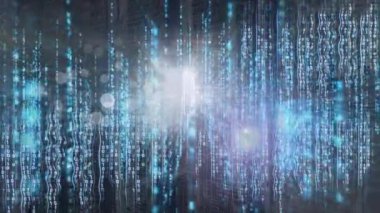 Animation of light spots with data processing over server room. Global technology, computing and digital interface concept digitally generated video.