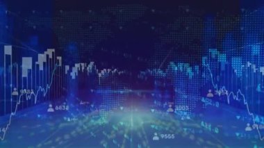 Animation of data processing over world map and digital city. Global finances, business and digital interface concept digitally generated video.