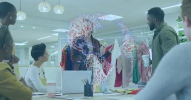 Animation of connections and data processing over business people in office. Global computing, finance, business and data processing concept digitally generated video.