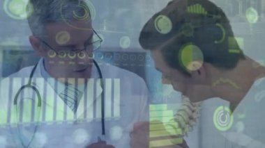 Animation of data processing over caucasian male doctor with student. Global medicine, pandemic and digital interface concept digitally generated video.