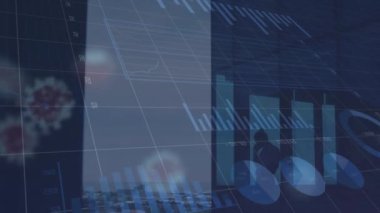 Animation of statistical data processing and covid-19 cells over man talking on smartphone at office. Covid-19 pandemic and business data technology concept