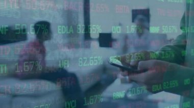 Animation of stock market data processing over mid section of man using smartphone at office. Global economy and business technology concept