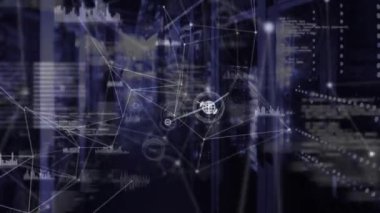 Animation of network of connections with icons and data processing over server room. Global connections, computing and digital interface concept digitally generated video.