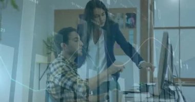 Animation of statistics and financial data processing over business people talking in office. Global business, finance, computing and data processing concept digitally generated video.