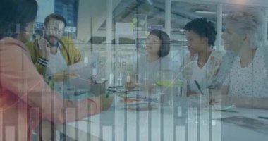Animation of statistics and financial data processing over business people. Global business, finance, networks, computing and data processing concept digitally generated video.