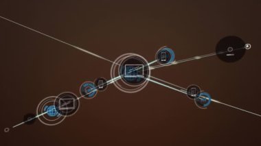 Animation of multiple icons connected with lines against abstract background. Digitally generated, hologram, illustration, globalization, report, finance and technology concept.