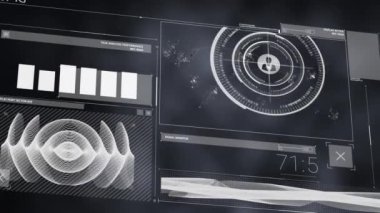 Animation of interface with data processing against textured grey background. Computer interface and business data technology concept