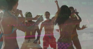 Animation of financial data processing over friends on beach. Global holiday, finance, computing, connections and data processing concept digitally generated video.