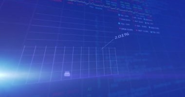 Animation of data processing with stock market and light spots over blue background. Global business and digital interface concept digitally generated video.