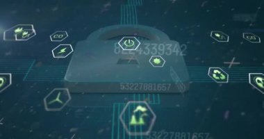 Animation of data processing and ecology icons over padlock. Global business and digital interface concept digitally generated video.
