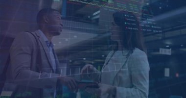 Animation of stock market data processing over diverse businessman and businessman discussing. Global economy and business technology concept