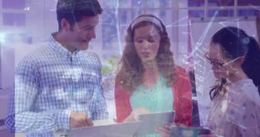 Animation of globe, network of connections with data over business people. Global computing, business, finance and data processing concept digitally generated video.