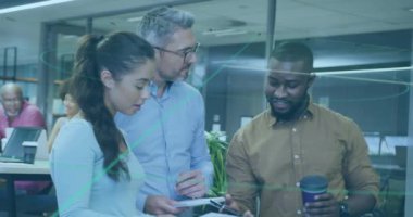 Animation of connections and data processing over business people in office. Global computing, finance, business and data processing concept digitally generated video.