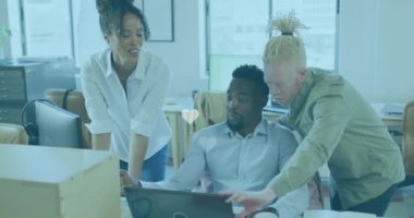 Animation of hearts over business people in office. Global social media, business, computing, connections and data processing concept digitally generated video.