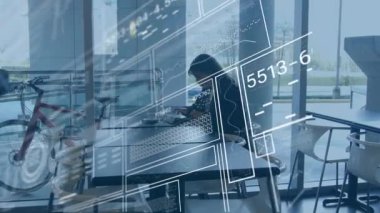 Animation of digital screens moving over diverse businessman meeting female coworker in cafeteria. Digital composite, multiple exposure, report, growth, progress, office and technology concept.