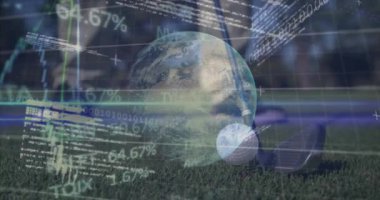 Animation of globe, statistics and financial data processing over golf course. Global sports, networks, computing and data processing concept digitally generated video.