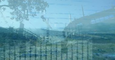 Şehir manzarası üzerinde finansal veri işleme animasyonu. küresel iş, finans ve dijital arayüz kavramı dijital olarak oluşturulmuş video.