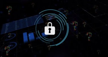 Animation of data processing over padlock and question marks. Global business and digital interface concept digitally generated video.