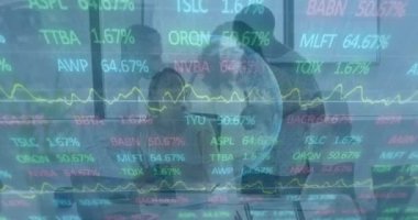 Animation of financial data processing and globe over business people in office. Global business, finance, computing, connections and data processing concept digitally generated video.
