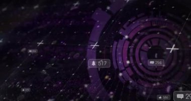 Animation of social media icons over round scanner and light trails against data processing. Social media networking and business technology concept