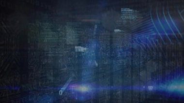 Animation of data processing over columns with computer circuit board. Global technology, computing and digital interface concept digitally generated video.