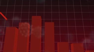 Animation of statistical data processing and covid-19 cells floating against purple background. Covid-19 pandemic and business data technology concept