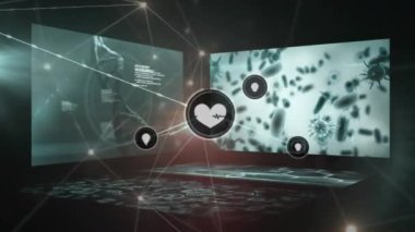 Animation of icons connected with lines over dna helix, computer language and infected blood cells. Digitally generated, hologram, illustration, communication, molecule, medical and technology.