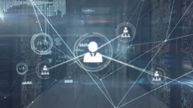 Animation of computer servers with icons and network of connections. Global networks, computing and data processing concept digitally generated video.