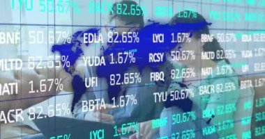 Animation of data processing over caucasian couple using laptop. Global business and digital interface concept digitally generated video.