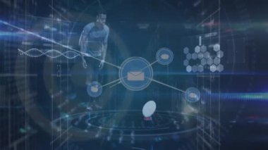Animation of network of connections and data processing over rugby player. Global sports, networks and data processing concept digitally generated video.