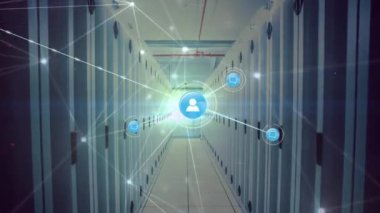Animation of network of connections with icons over server room. Global connections, technology and digital interface concept digitally generated video.