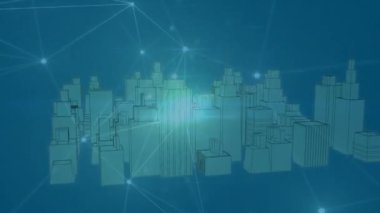 Animation of network of connections over digital city. Global business and digital interface concept digitally generated video.