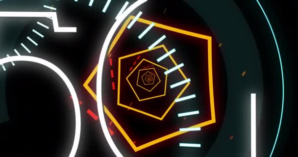 Animation Text Neon Yellow Hexagonal Tunnel Seamless Pattern Black Background — Vídeo de Stock