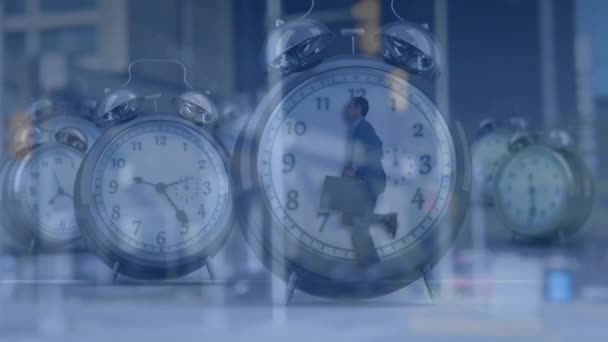Animation Alarm Clocks Data Processing Businessman Running Global Business Finance — Stockvideo