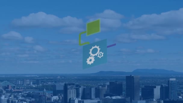 Animation Flowchart Icons Aerial View City Cloudy Sky Digital Composite — Vídeo de Stock