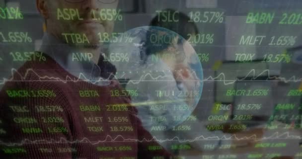 Animation Financial Data Processing Globe Diverse Business People Working Office — Vídeo de Stock