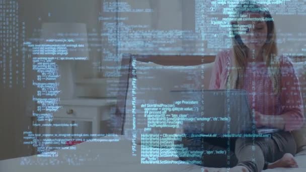 Animation Data Processing Woman Using Laptop Smartphone Global Business Finance — Vídeo de Stock