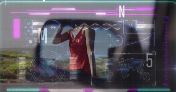Animation Data Processing Caucasian Woman Car Global Business Digital Interface — Stock Video