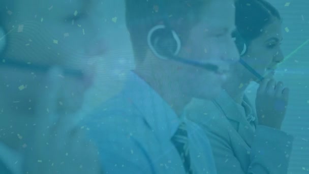 Animation Confetti Falling Team Diverse Customer Care Executives Talking Phone — Wideo stockowe