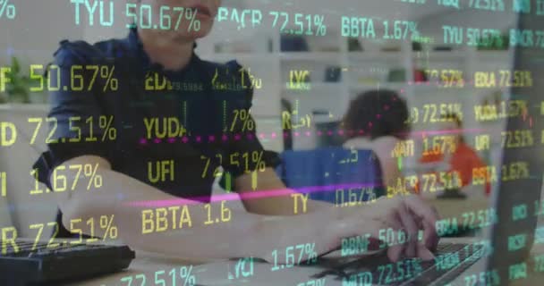 Animation Stock Market Data Processing Caucasian Woman Using Laptop Office — Stock video