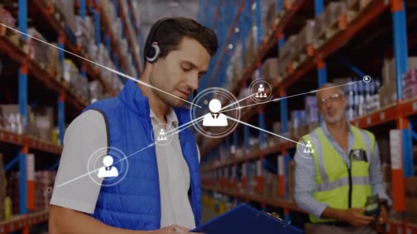 Animation Network Connections Icons Men Working Warehouse Global Shipping Business — Video