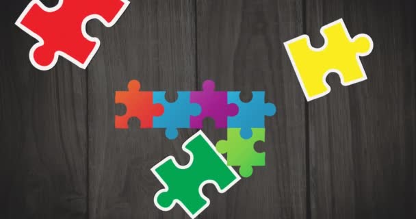 Animation Puzzle Pieces Wooden Background Autism Awareness Month Digital Interface — Stock video