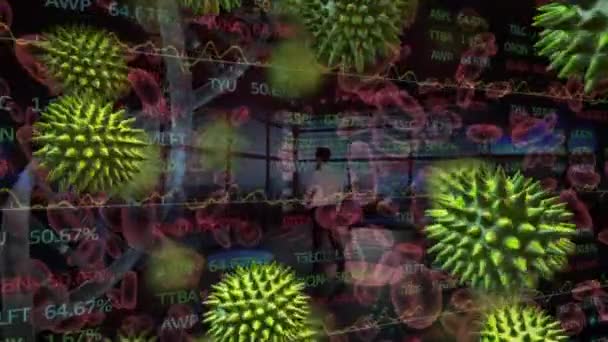 在股票市场数据处理过程中激活绿色Covid 19细胞 Dna结构和血管 全球经济和医学研究技术概念 — 图库视频影像