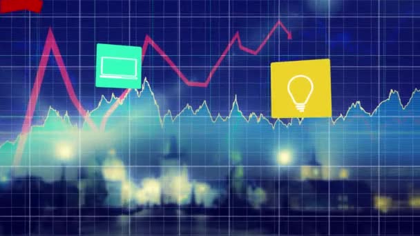 Animation Digital Icons Financial Stock Market Data Processing Blue Background — Vídeos de Stock