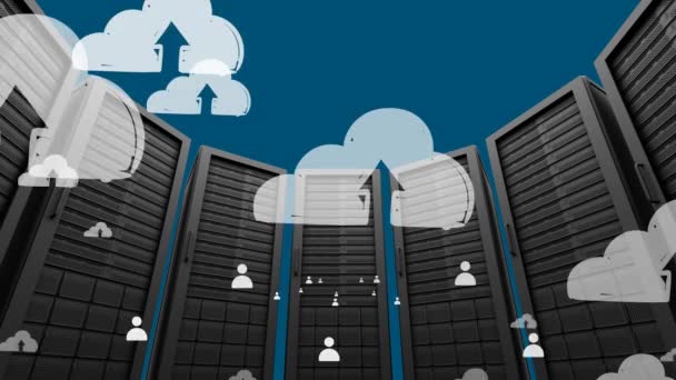 Animation Social Media Clouds Icons Computer Servers Global Business Finances — Vídeo de stock